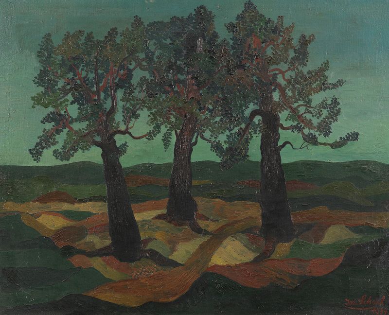 Baumgruppe by Josef Scharl, oil on canvas depicting chaotic trees and light.