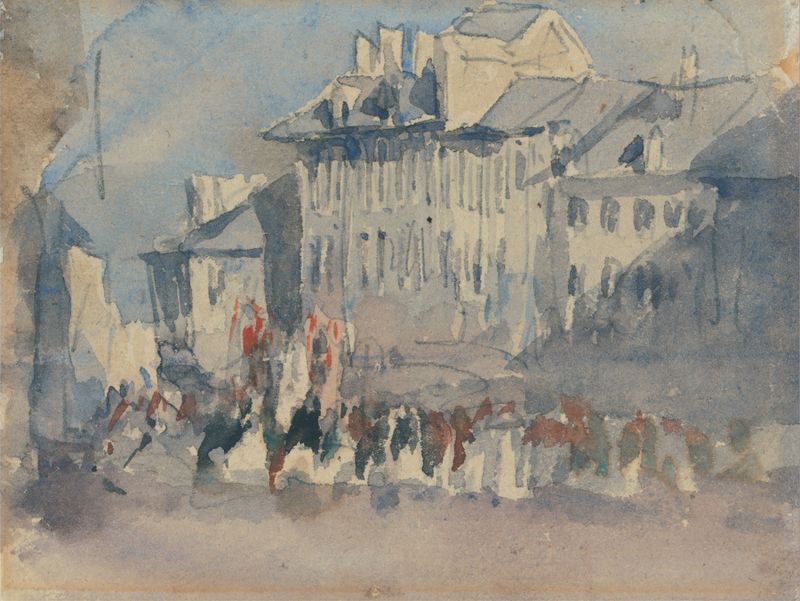 A Religious Procession de David Cox, representando una escena de pueblo al anochecer con faroles.