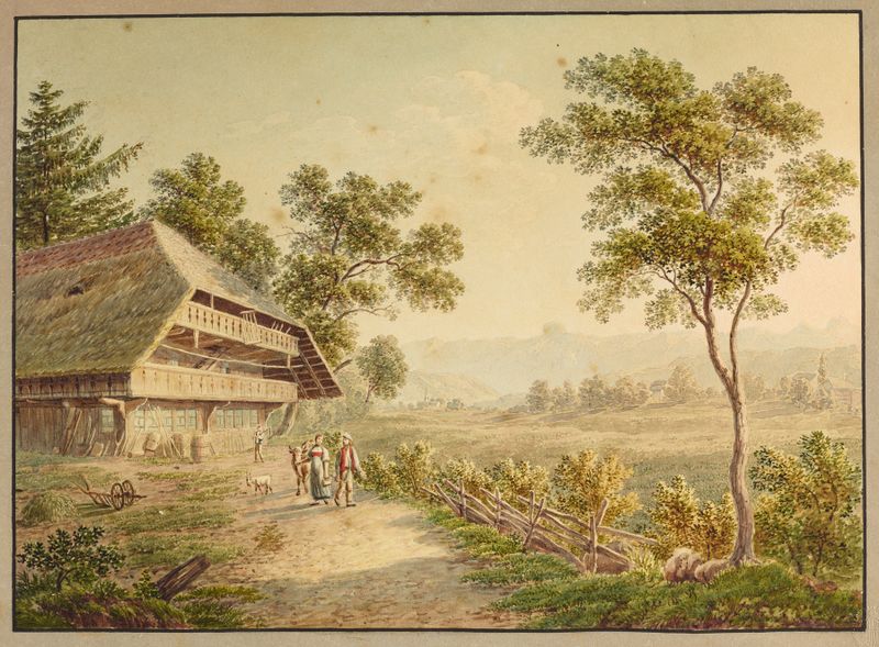 Pintura a óleo de paisagem por David Alois Schmid com uma casa de campo e colinas.