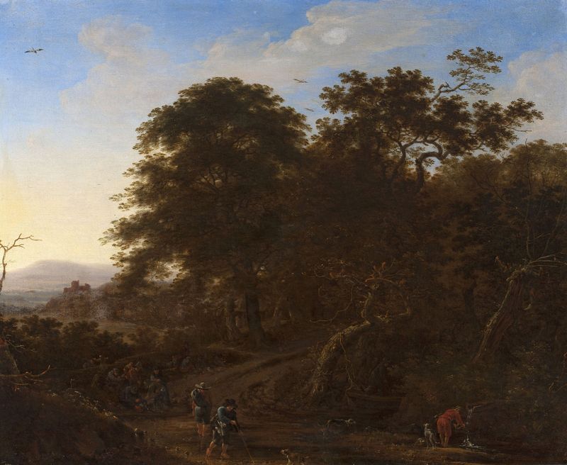 Landscape with travellers by Herman Saftleven, oil painting depicting a path through nature.