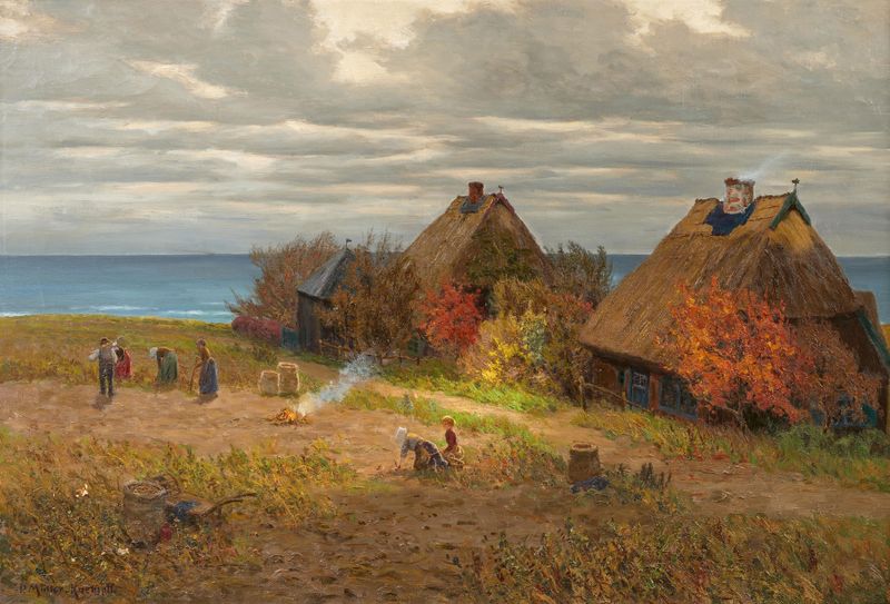 Genre scene of women harvesting potatoes in sunlight, oil painting by Paul Müller-Kaempff