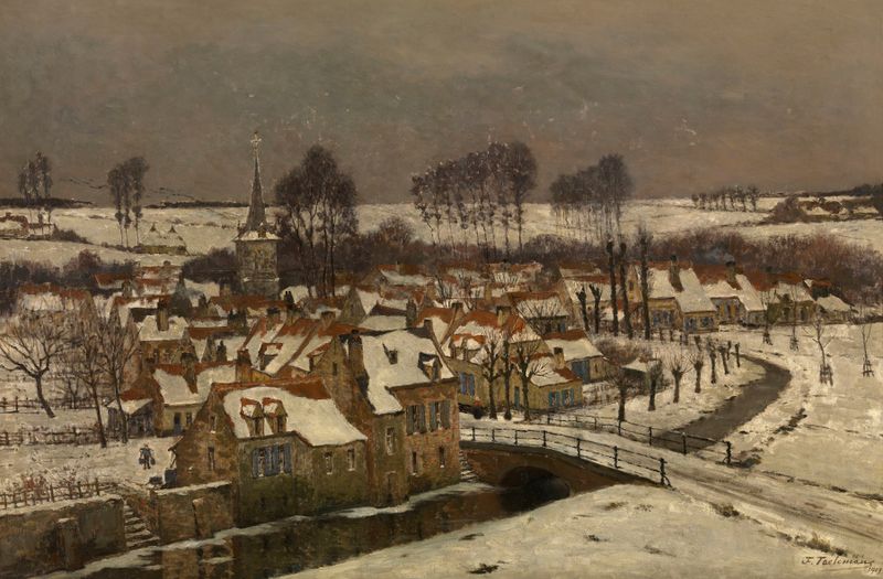 Winter in Brabant by Jean-François Taelemans, oil painting of snow-laden trees in a tranquil landscape