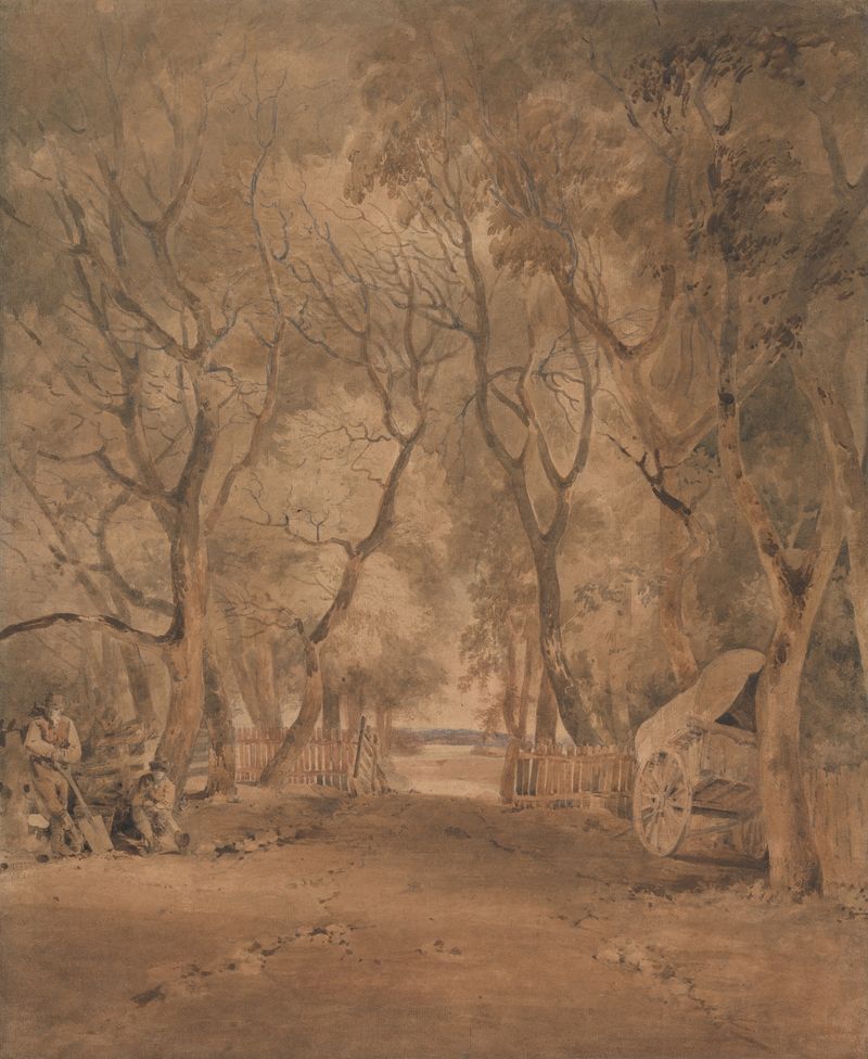 Entrance to Earlham Park by John Crome, oil painting depicting trees and a winding path.