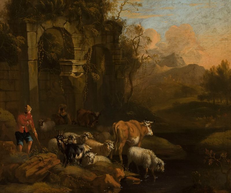 Cattle at the waterhole, oil on canvas by Michiel Carree