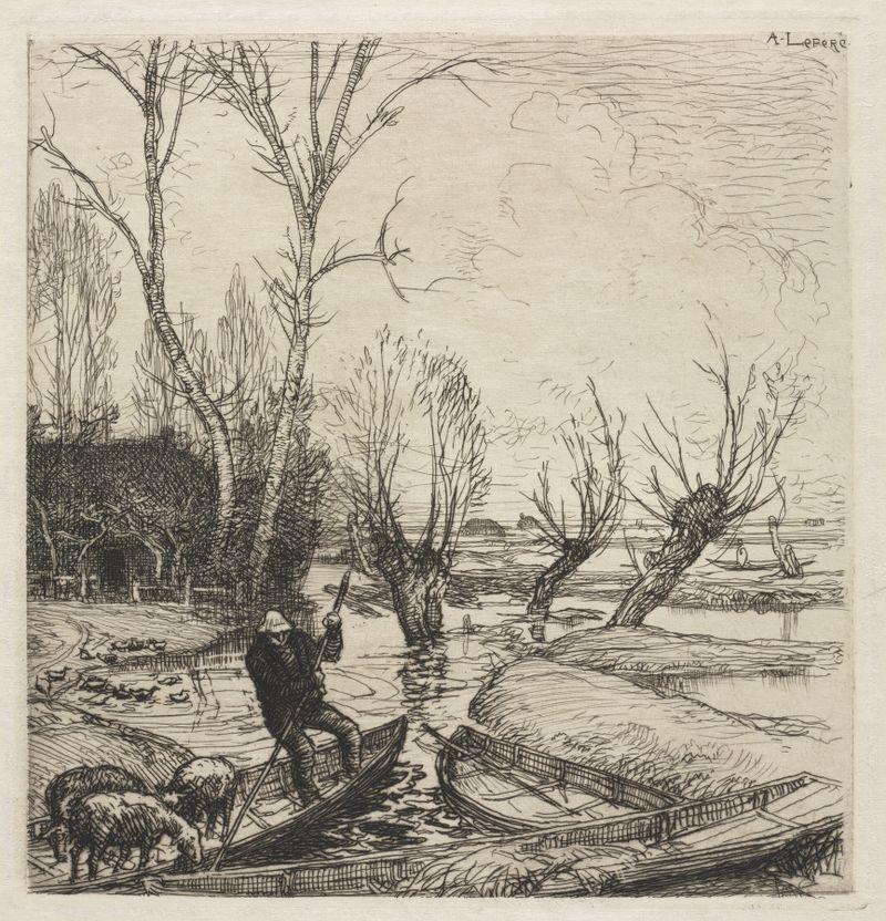 Gravura de Auguste Louis Lepère mostrando um homem em um barco com três ovelhas na água
