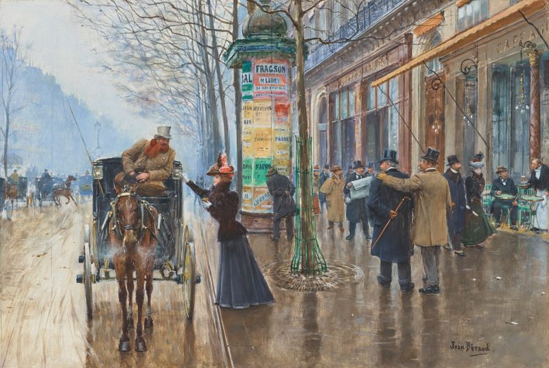 Scène de rue Parisienne by Jean Béraud, oil painting depicting a bustling Parisian street.