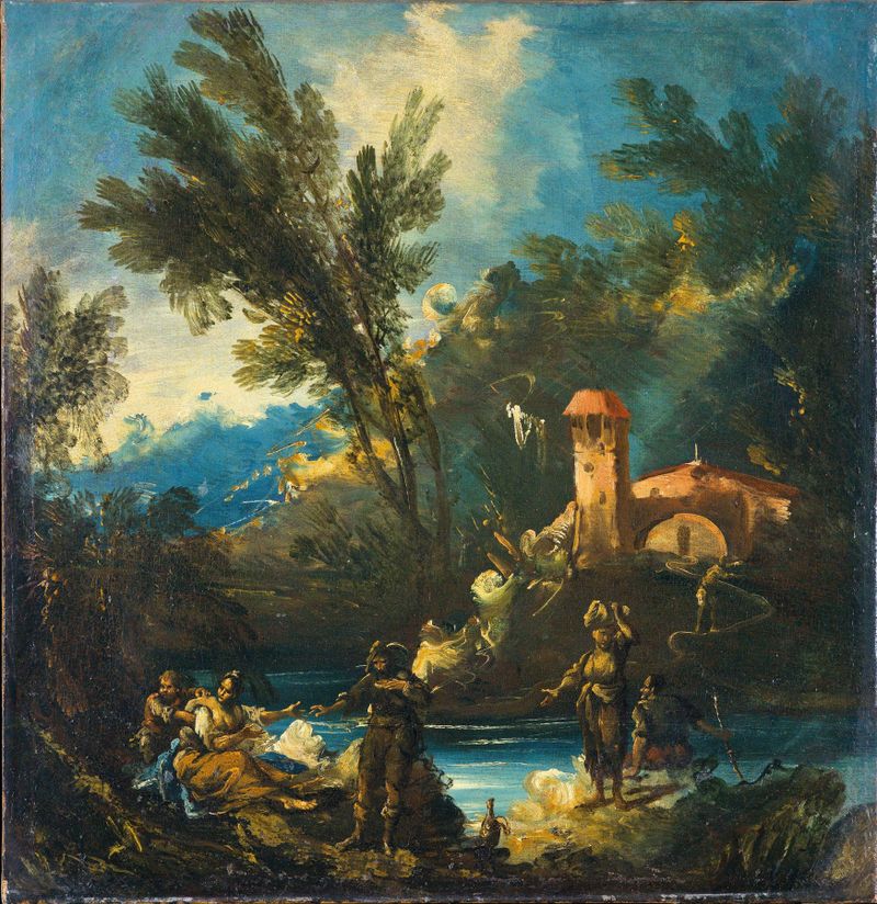 Paisagem fluvial arborizada com figuras, pintura a óleo de Antonio Francesco Peruzzini