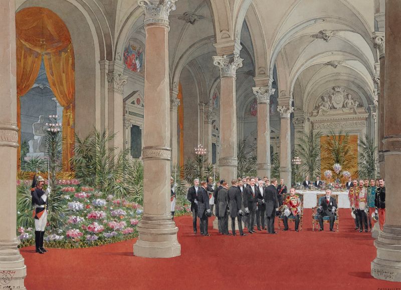 Escena histórica del rey Eduardo VII y el presidente Loubet, óleo sobre lienzo de Fédor Hoffbauer