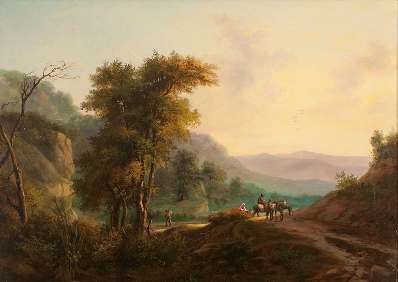 Viajantes em um Caminho Rural de Julius Schoppe, pintura a óleo mostrando dois viajantes em um caminho.