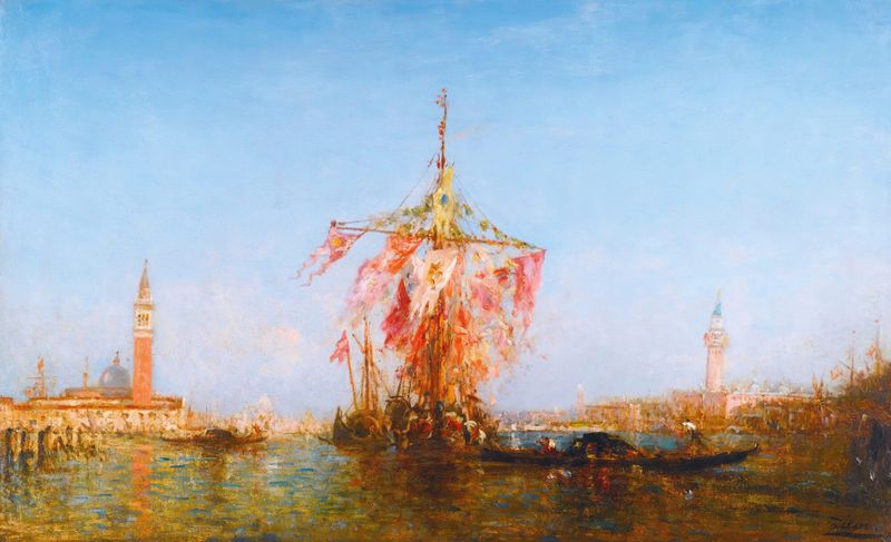 Cena marinha com um barco na lagoa, pintura a óleo de Félix Ziem