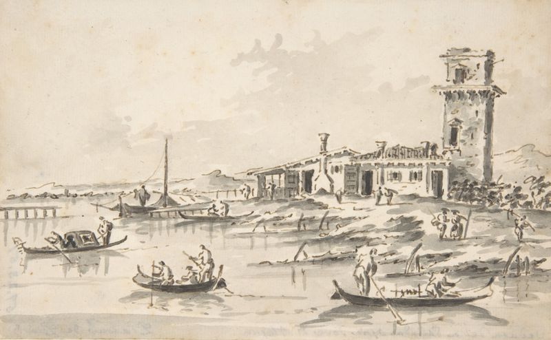 A Torre em Marghera, óleo sobre tela de Giacomo Guardi, apresenta uma torre ao lado de uma lagoa.
