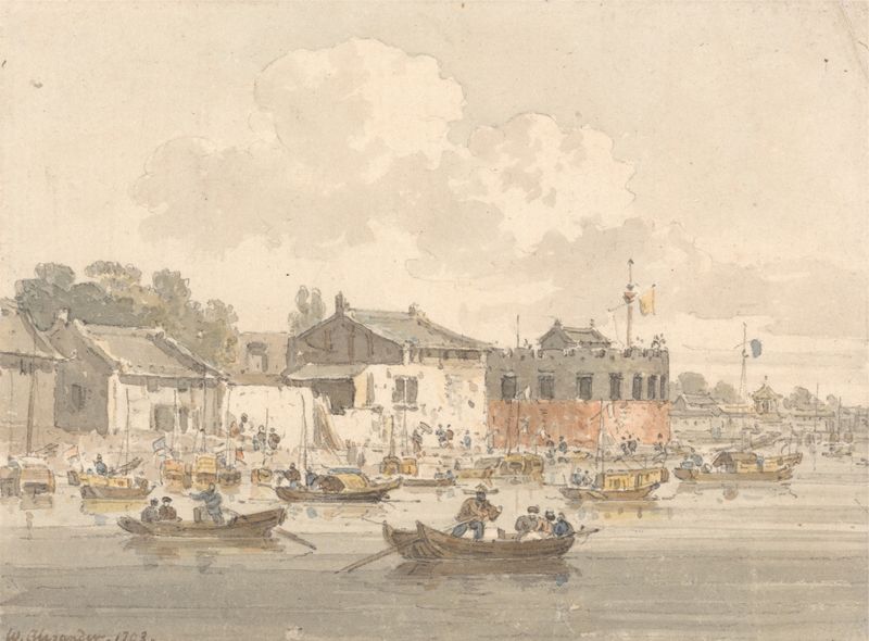 Fort Opposite the Factory, Canton de William Alexander, aquarela sobre papel, retratando uma paisagem com um forte e nuvens.