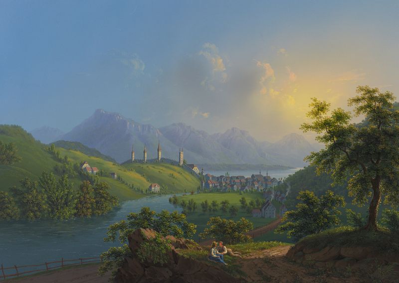 Luzern by Johann Heinrich Bleuler the Younger, oil on canvas depicting a tranquil lake and mountains.