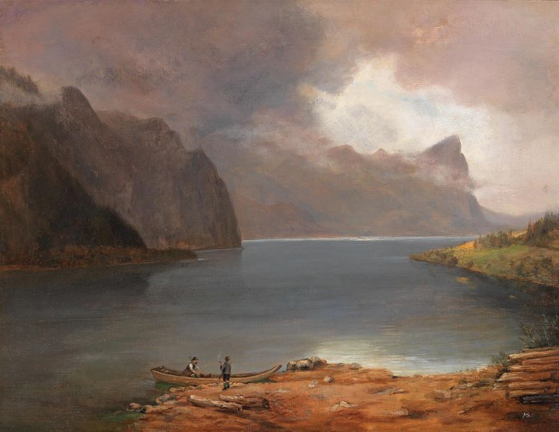 Genre scene depicting figures in conversation by the lake, oil painting by August Schaeffer von Wienwald