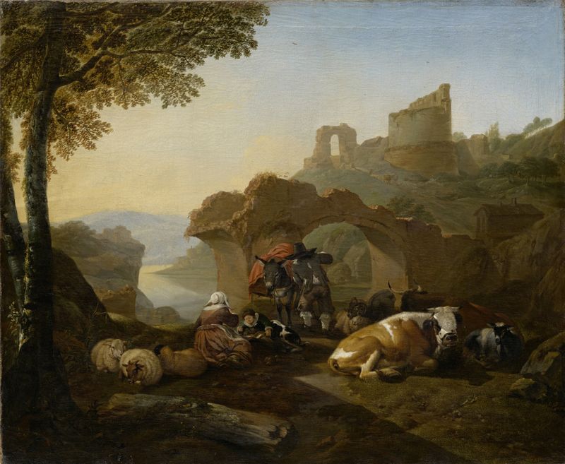 Shepherds resting in a pastoral landscape, oil painting by Johann Heinrich Roos