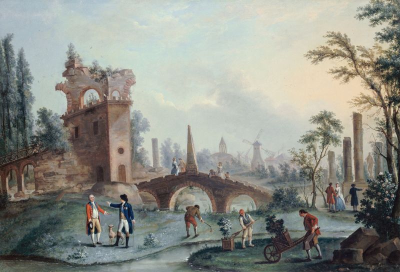 Vue des jardins de Monceau, watercolor on paper by Louis Carrogis Carmontelle