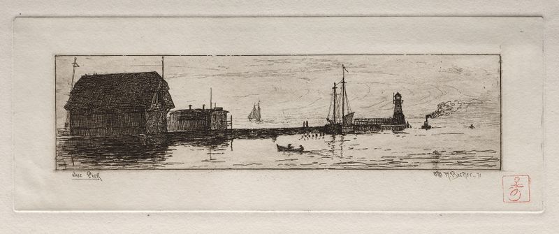 West Pier, Cleveland by Otto Henry Bacher, oil on canvas depicting a figure on a pier at twilight.