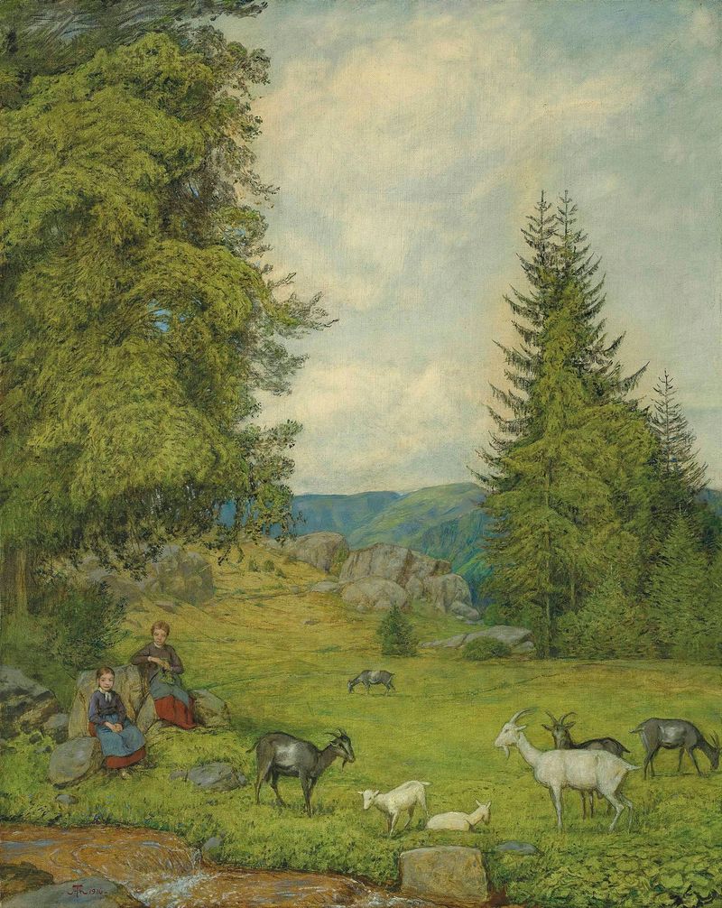 Cena de gênero com crianças e uma cabra, pintura a óleo de Hans Thoma