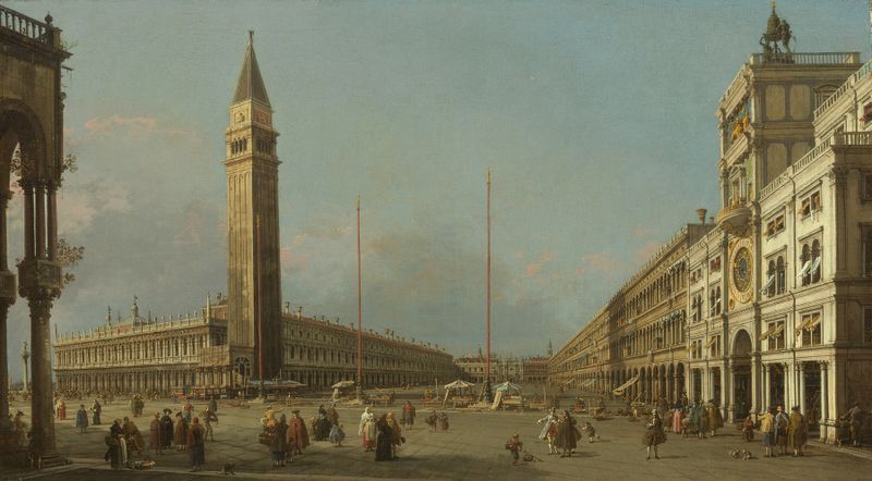 Piazza San Marco Looking South and West de Canaletto, óleo sobre tela representando a arquitetura de Veneza.