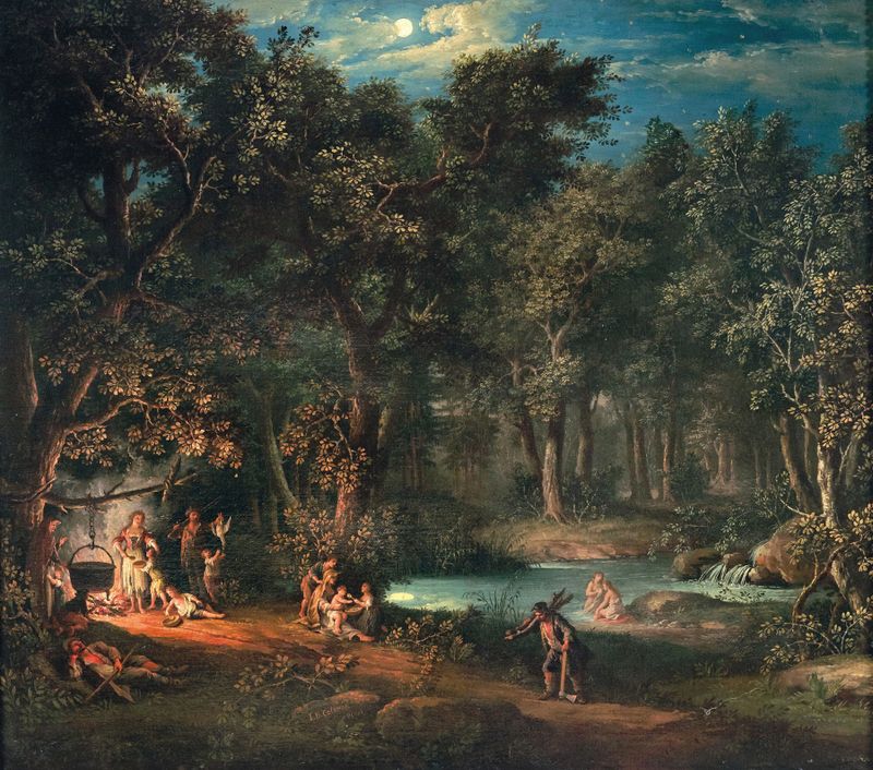 Figures by an encampment in a nocturnal landscape, óleo sobre tela de Giovanni Battista Innocenzo Colombo.