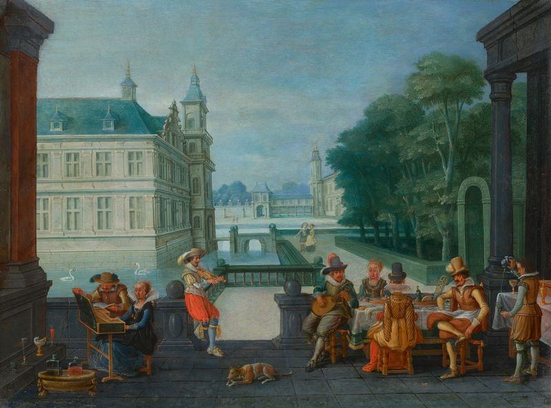 Elegant Company in a Courtyard de Christoffel van den Berghe, pintura a óleo com figuras em um pátio exuberante.