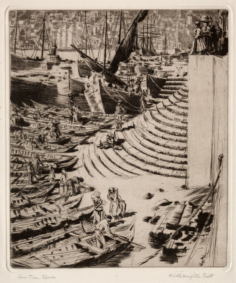 Low Tide, Oporto by Orville Houghton Peets, oil painting depicting boats at twilight.