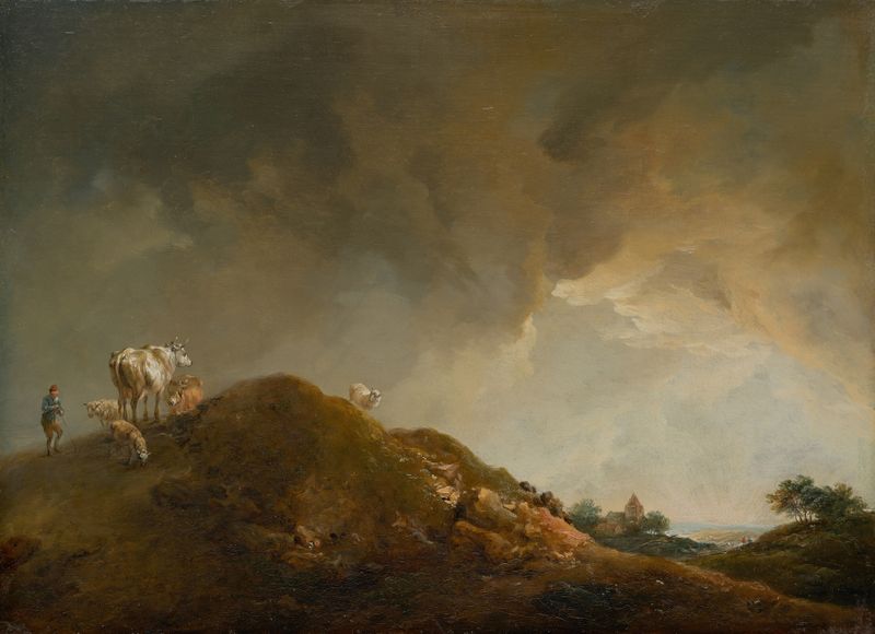 Paisagem com vacas e ovelhas, óleo sobre tela de Johann Christian Brand