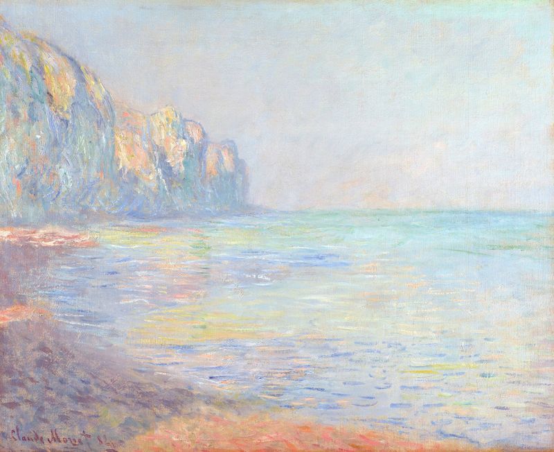 Misty Morning at Pourville de Claude Monet, pintura a óleo que retrata uma paisagem enevoada.