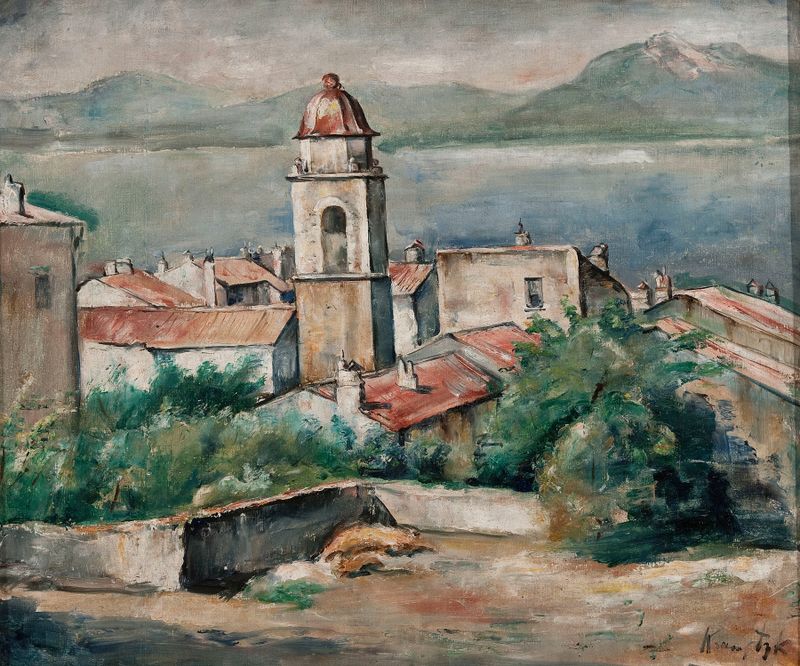 Landscape from southern France by Roman Kramsztyk, oil on canvas depicting rolling hills and a blue sky.