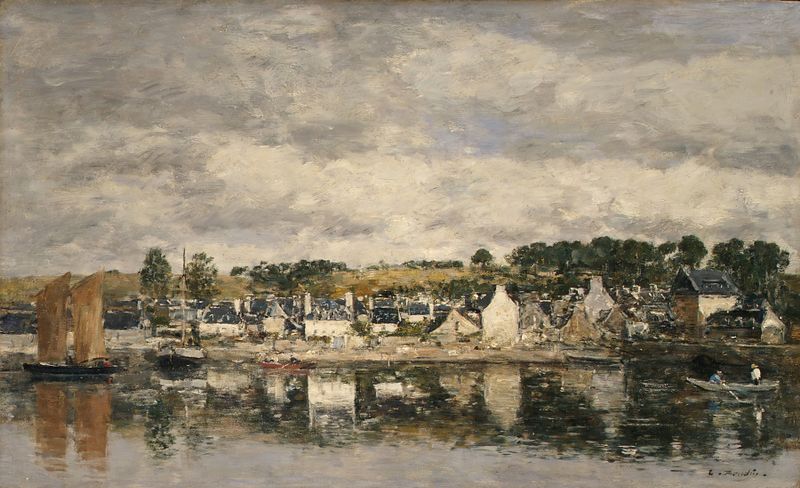 Village by a River, pintura a óleo de Eugène Boudin que retrata uma paisagem serena ao longo do rio