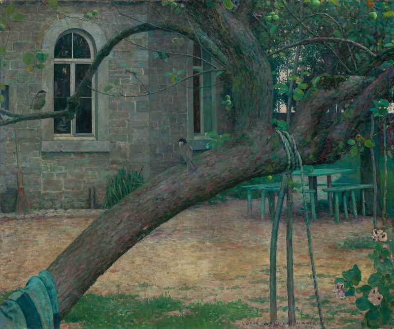 Lush garden scene with dappled sunlight, oil on canvas by Louis Welden Hawkins