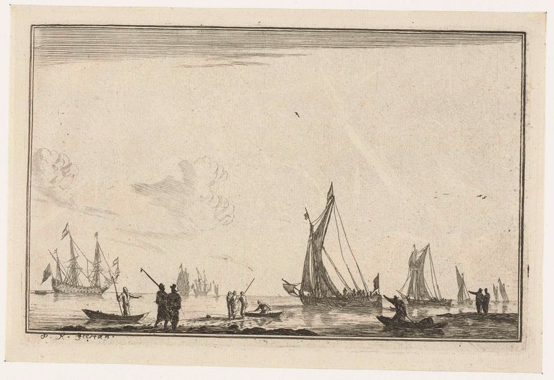Binnenwater met verschillende zeilschepen, gravura de Reinier Nooms mostrando barcos em águas calmas