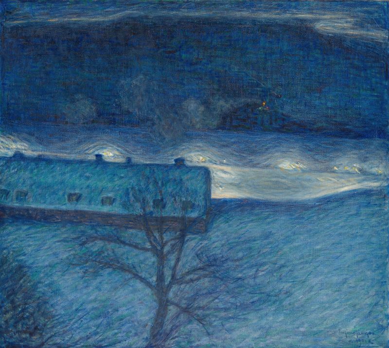 Winter Night on the Quay, oil on canvas by Eugène Jansson depicting a snowy quay with street lamps.