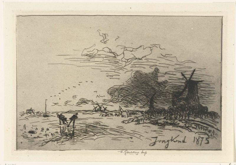 Winterlandschap nabij Rotterdam, grabado de Johan Barthold Jongkind que representa un paisaje nevado tranquilo.