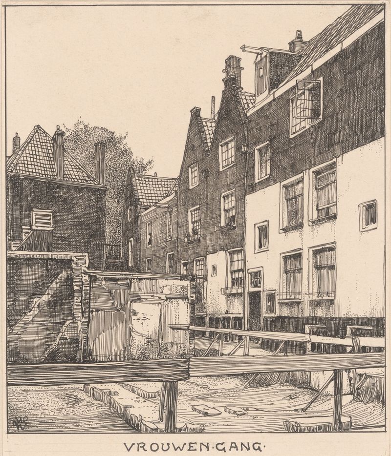 Escena de género de mujeres caminando en Ámsterdam, óleo sobre lienzo de Willem Wenckebach
