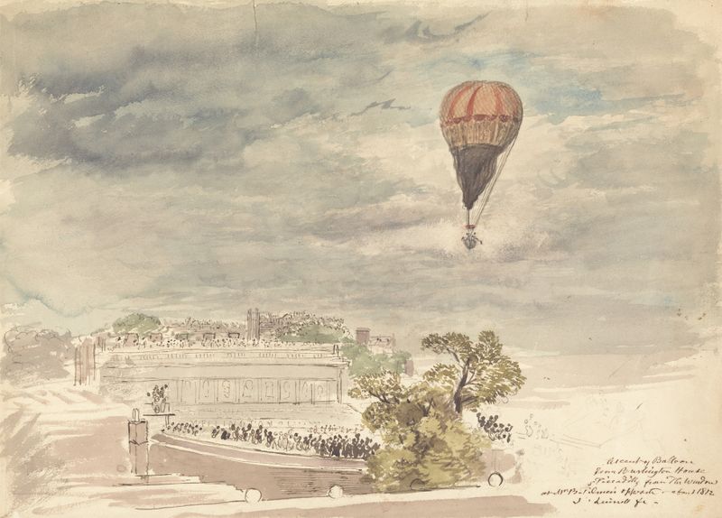 Ascent of Balloon from Burlington House, a landscape by John Linnell, depicting a balloon rising from a window.