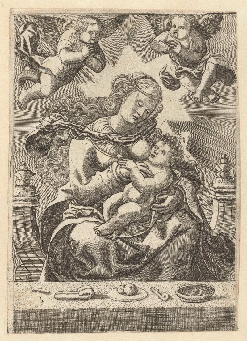 Grabado de Madonna y Niño por Unknown Artist, que presenta un tierno abrazo y túnicas vibrantes