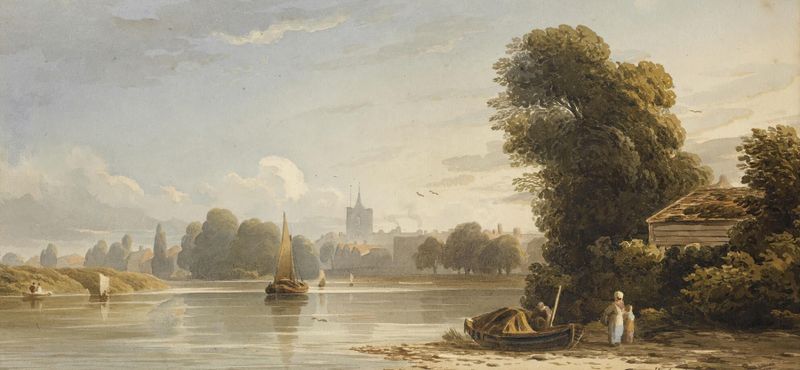 The Thames At Chiswick de John Varley, acuarela sobre papel que representa un paisaje fluvial tranquilo.