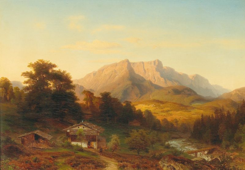 Paisagem de Blick Auf Den Untersberg Im Abendlicht de August Becker, pintura a óleo