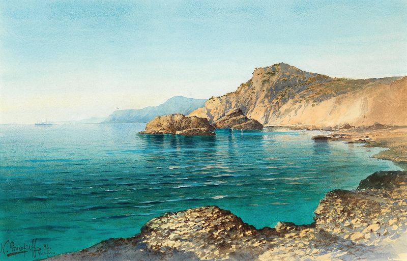 Óleo sobre lienzo de Nikolai Dimitrievich Prokofieff que muestra la costa de Portofino.