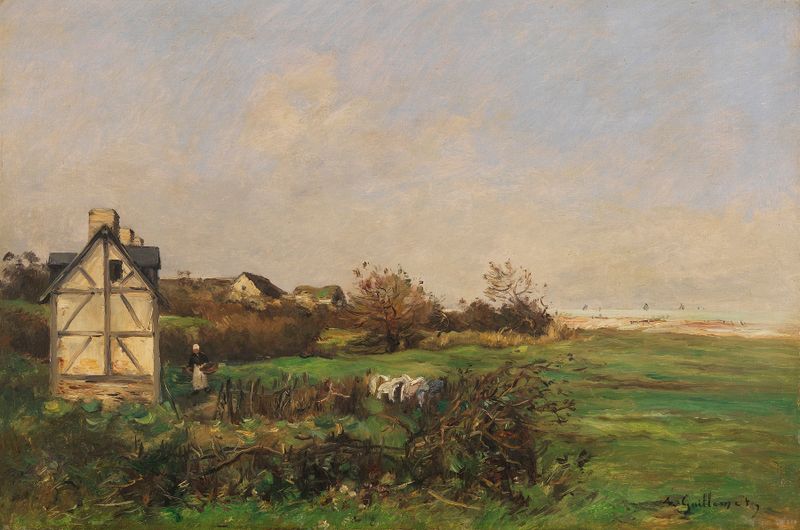 Landschaft mit Fachwerkhaus und Bäuerin, oil painting by Antoine Guillemet