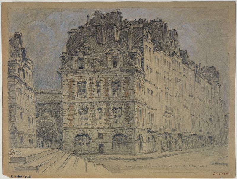 Vieilles maisons sur le Pont Neuf, óleo sobre lienzo de Ferdinand Boberg, que representa casas antiguas y luz.