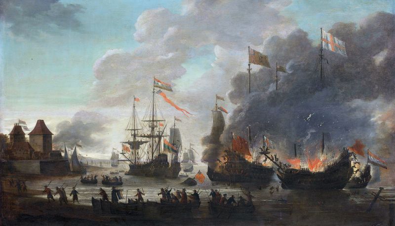 Cena histórica de navios em chamas durante a batalha por Jan van Leyden, pintura a óleo