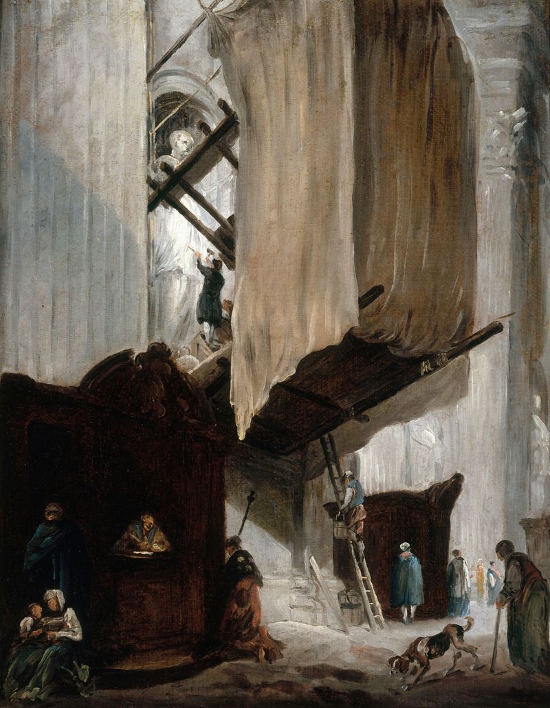 Sculpteur travaillant à la statue d’un saint à Saint-Pierre de Rome, óleo sobre tela de Hubert Robert