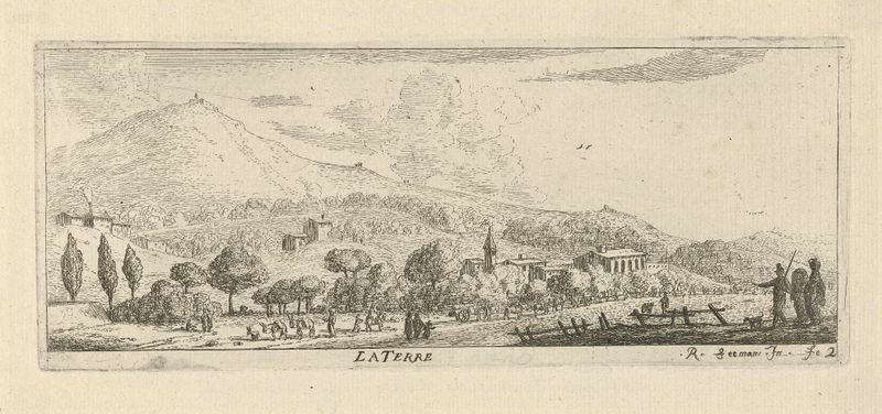 Gravura de Reinier Nooms retratando uma paisagem com um rio e árvores