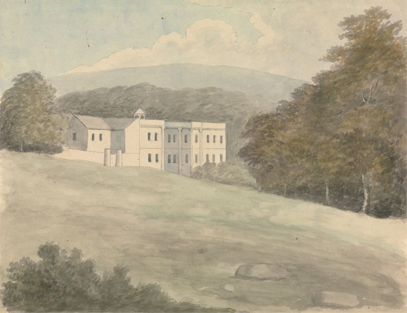 Norbury Park by Edward Francis Burney, oil on canvas, depicting a serene landscape with trees and a pond.