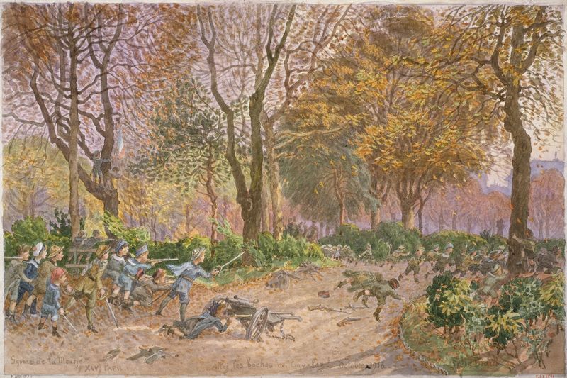 Children playing at war in the square, oil on canvas by Félix Brard