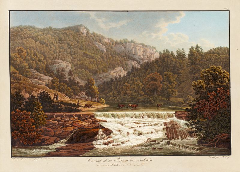 Cascade de la Birs à Correndelein by Peter Birmann, oil painting depicting a vibrant waterfall.