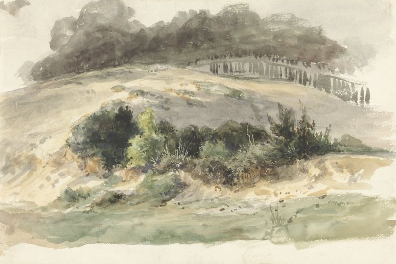 Heuvelachtig landschap de Pierre Louis Dubourcq, óleo que muestra colinas tranquilas y reflejos.
