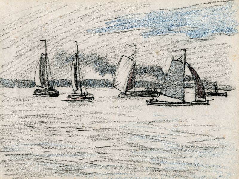 Sailboats on water in an impressionistic style by Adolf le Comte